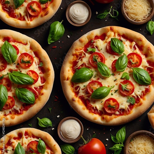 Fresh aromatic mini pizza with tomatoes and basil on the table. Modern stylish food photography. Close-up view from above.