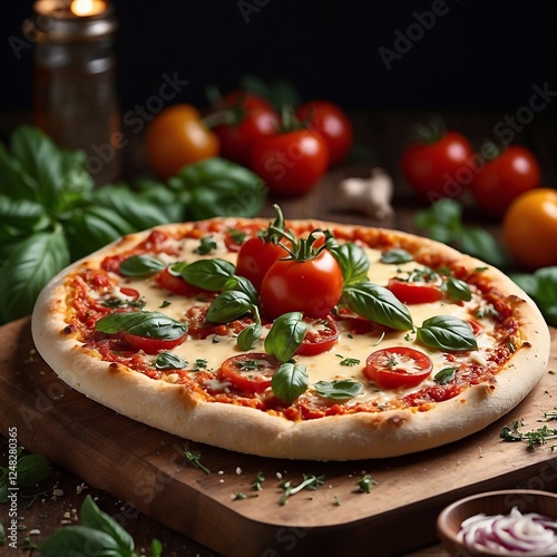 Fresh aromatic pizza with tomatoes and basil on a wooden board on the table. Modern stylish food shooting. Close-up view from the side.