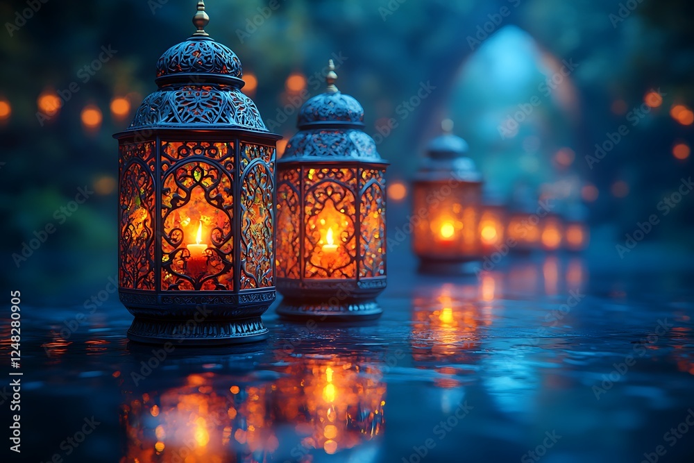 Obraz premium Illuminated Lanterns with Intricate Designs Glowing Against a Misty Blue Hued Background
