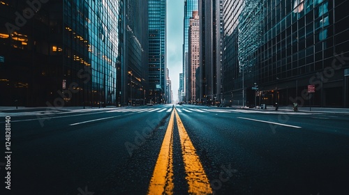 Urban Road Perspective with Yellow Center Line and Tall Buildings on Both Sides