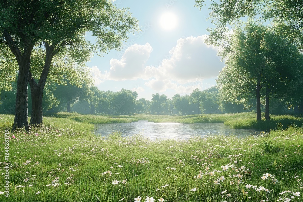 Obraz premium Photorealistic, cinematic-style green meadow with tall grass, trees, and a sun-reflecting pond in the background.