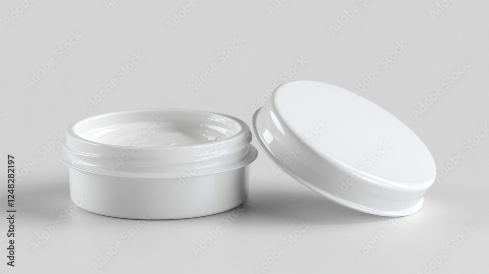Open white cosmetic jar with cream on light gray background Open white cosmetic jar with cream on light gray background