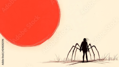 A lone figure stands silhouetted against a giant sun accompanied by spider legs The eerie scene blends the mundane with the surreal