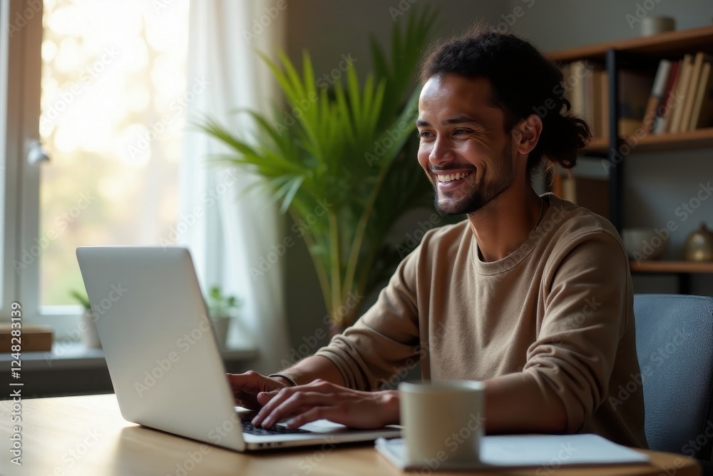 Smiling individual using laptop, joyful expression, home office , internet, work, positive energy Smiling individual using laptop, joyful expression, home office , internet, work, positive energy