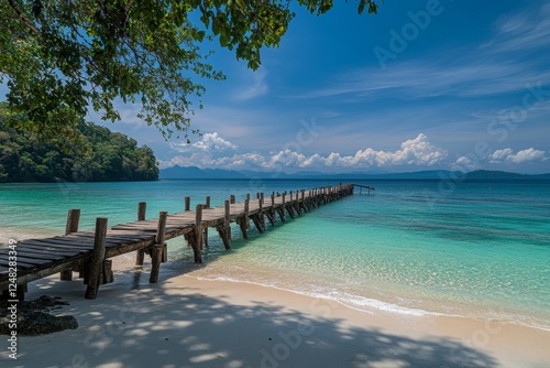 Tropical beach pier under shady trees, turquoise water, idyllic scene photo