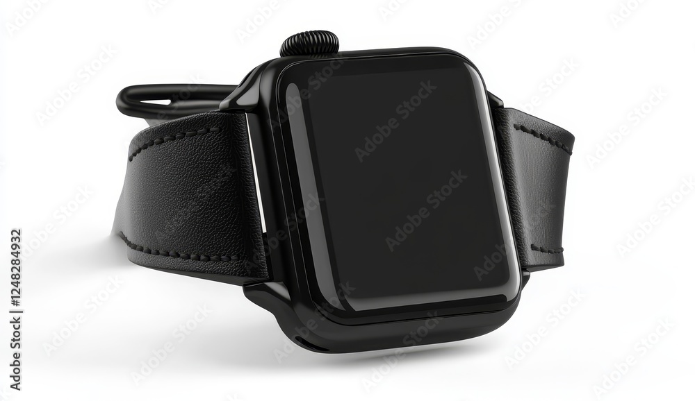 Black smart watch with leather band on white background Black smart watch with leather band on white background