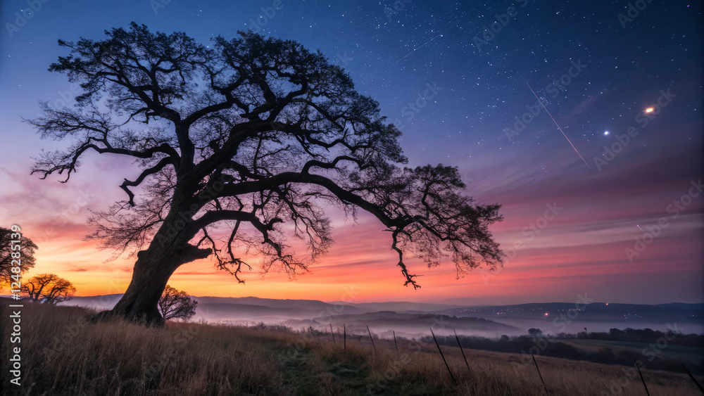 majestic tree silhouetted against twilight sky filled with stars, creating serene landscape majestic tree silhouetted against twilight sky filled with stars, creating serene landscape