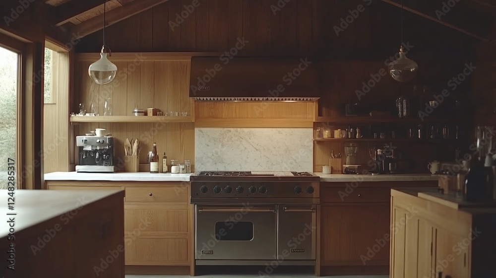 Modern Kitchen Interior with Wooden Elements and Sleek Appliances