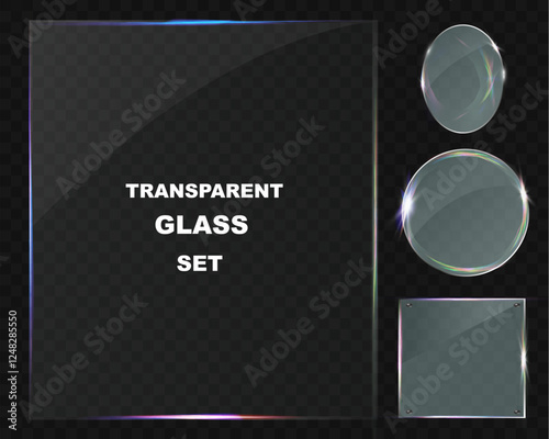 Transparent glass elements with light reflections, transparency effects, and realistic details for modern interface design.