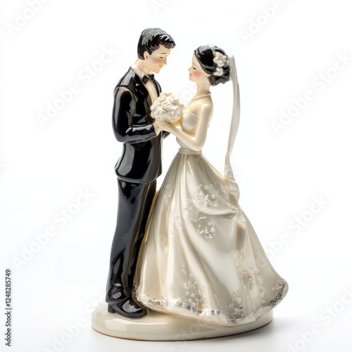  A porcelain figurine of a bride and groom holding hands in a wedding pose, on isolated white background