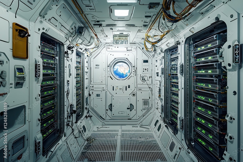 Fototapeta premium Space station's server room equipped with zero-gravity accessible racks.