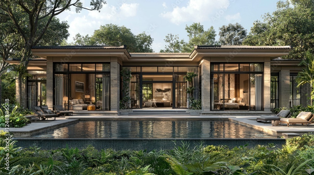 Fototapeta premium Luxury Villa with Infinity Pool: Modern Architectural Design, Serene Landscape, and Luxurious Interior