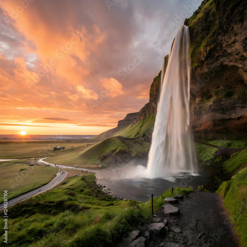 Seljalandsfoss Waterfall at Sunset