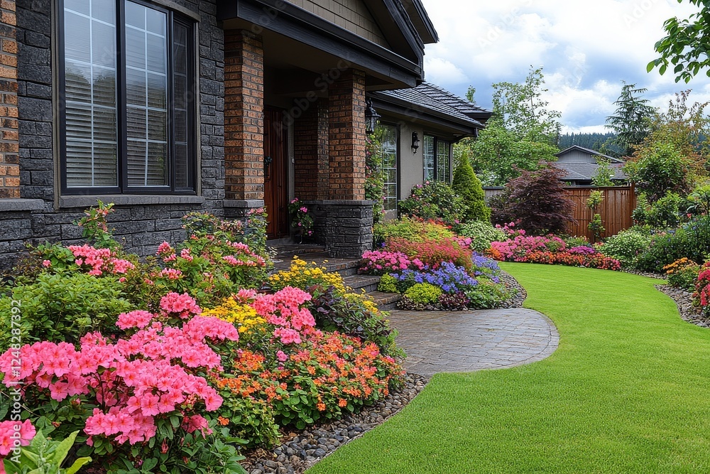 Beautiful front yard with lush green grass, colorful flower beds, and a neatly trimmed lawn. White house with a red roof and porch in the background. Beautiful front yard with lush green grass, colorful flower beds, and a neatly trimmed lawn. White house with a red roof and porch in the background.