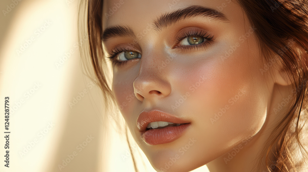 Naklejka premium close up portrait of radiant model showcasing hydrated skin and youthful features, with soft lighting enhancing her natural beauty and captivating expression