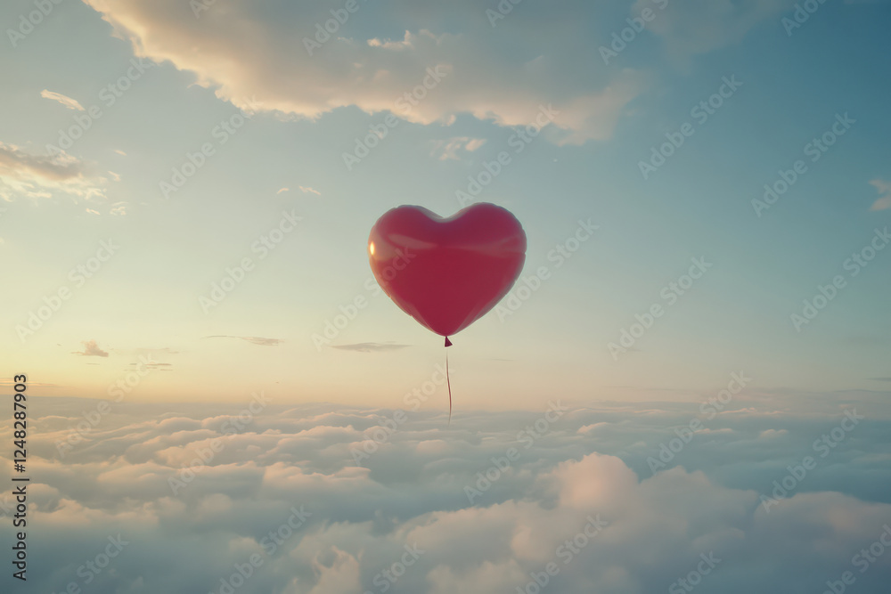 Fototapeta premium Solitary heart balloon floats hopefully in sky