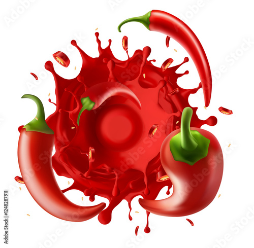 Top view dripping hot chili sauce. Vector illustration of bottle of chili sauce in realistic style