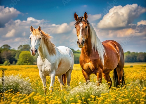 Dutch Horses in Spring Pasture, Arnhem - White & Brown Horses with Yellow Flowers