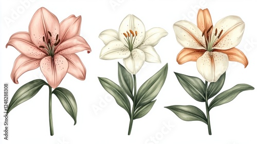 Beautiful Variety of Hand-Drawn Lilies with Vibrant Petals