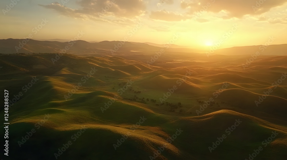 Obraz premium Serene landscape at sunset, sweeping hills bathed in golden light, tranquil scene perfect for nature themes and relaxation.