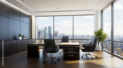 Modern executive office with desk and seating, large windows overlooking city view, wooden flooring, and clean minimalist design. 3D Rendering photo