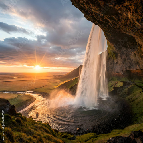 Seljalandsfoss Waterfall at Sunset