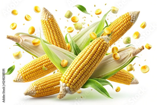 Fresh Corn Cob Flying, Isolated on White, Clipping Path,  High-Resolution Stock Photo