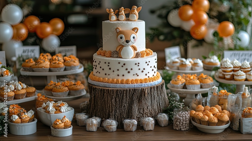 A whimsical dessert table featuring a fox-themed cake surrounded by cupcakes and treats A whimsical dessert table featuring a fox-themed cake surrounded by cupcakes and treats