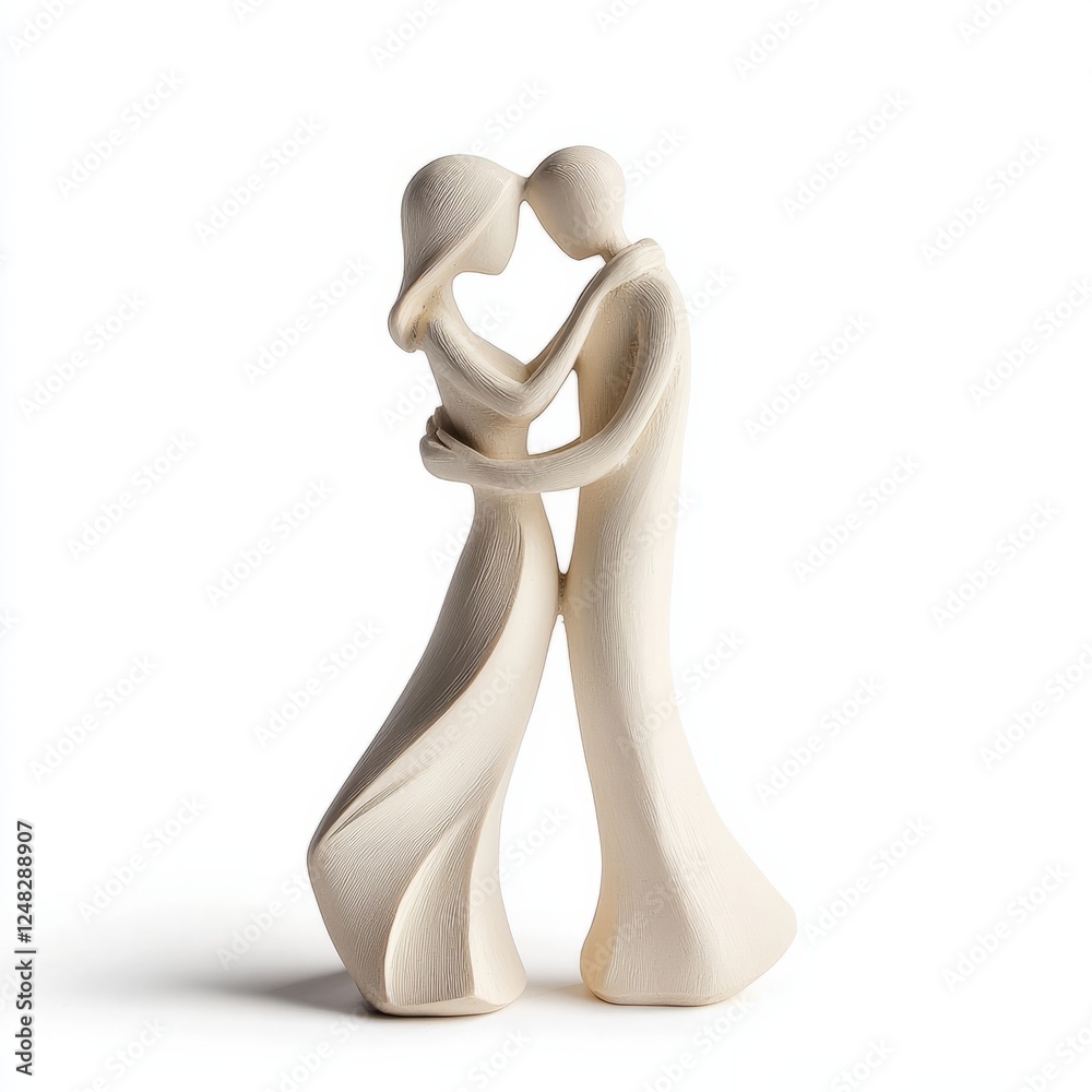 A simple couple figurine with flowing lines, hands joined in a tender moment, on isolated white background A simple couple figurine with flowing lines, hands joined in a tender moment, on isolated white background