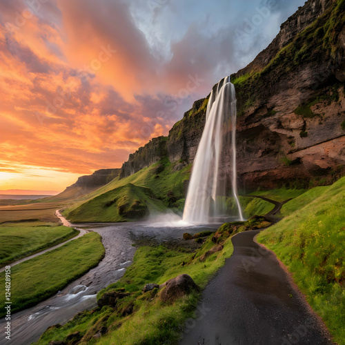 Seljalandsfoss Waterfall at Sunset