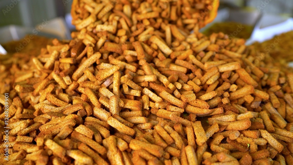 Crunchy breadsticks tumbling on metal conveyor in bakery process Crunchy breadsticks tumbling on metal conveyor in bakery process