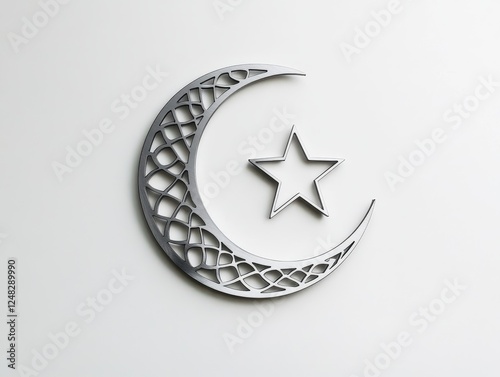 Silver crescent moon and star symbol on white background photo