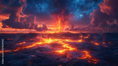 Volcanic Eruption at Sunset: A fiery spectacle of nature's raw power, showcasing a breathtaking eruption against a vibrant sunset sky.