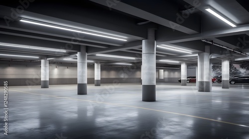 Stunning underground parking garage filled with bright LED lighting that illuminates the clean geometric concrete floors and minimalist modern architecture  This image showcases the sleek