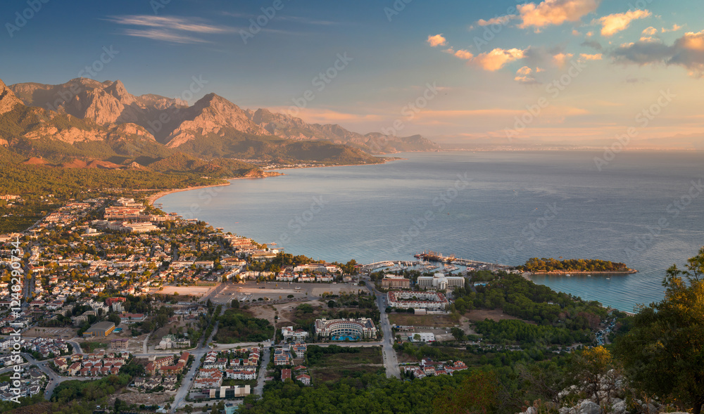 Fototapeta premium Morning hilltop view of Kemer holiday resort. Turkey's Mediterranean coast. Antalya city, Turkey country 