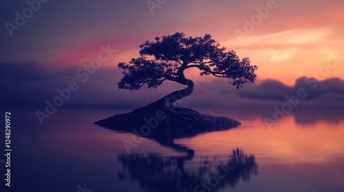Serene sunset tree island reflection; peaceful nature scene for meditation