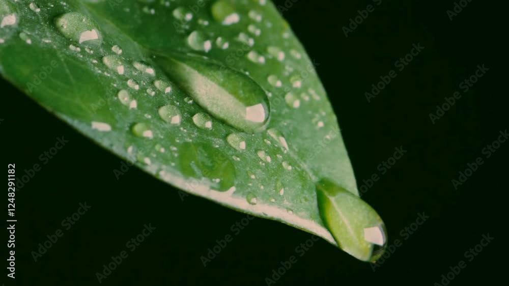 Illustration of a video showing water droplets on a leaf slowly moving towards the edge, ready to fall Illustration of a video showing water droplets on a leaf slowly moving towards the edge, ready to fall