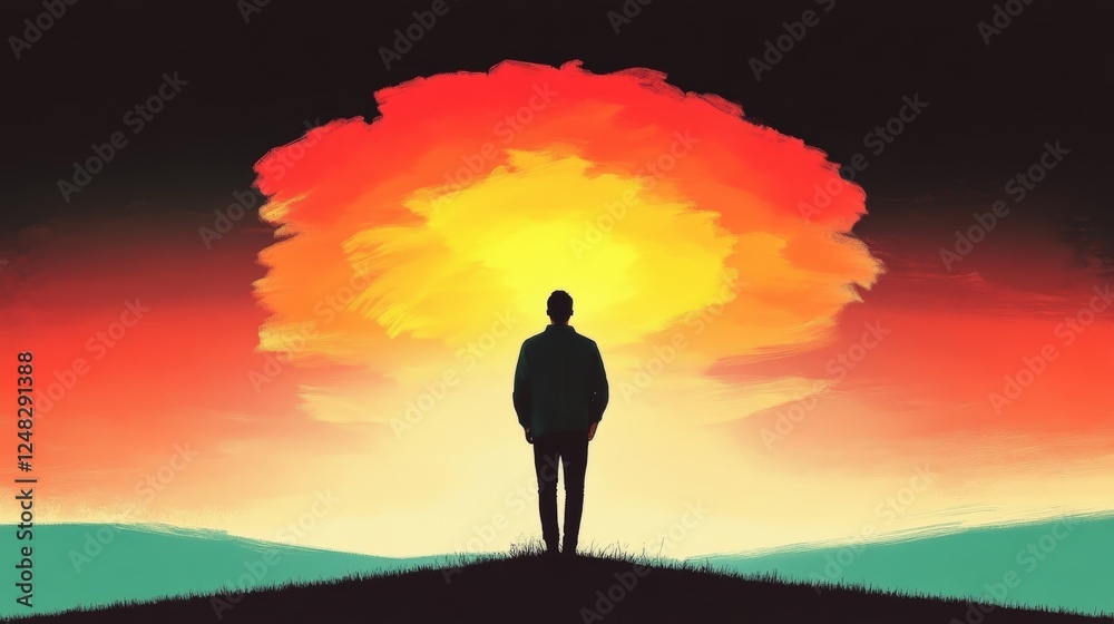 Man stands silhouetted against a vibrant fiery sky evoking themes of contemplation solitude and the awe-inspiring power of nature Man stands silhouetted against a vibrant fiery sky evoking themes of contemplation solitude and the awe-inspiring power of nature