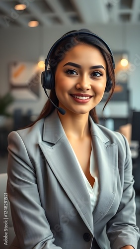 asistencia al cliente o agente de ventas femenino. Operador telefónico de llamada o recepcionista photo