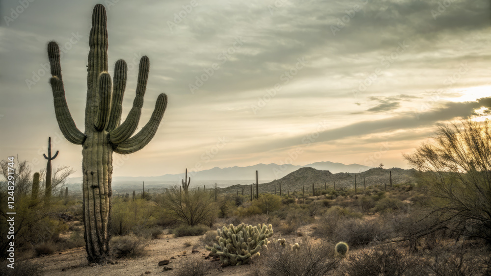 Majestic cactus landscape at sunset in southwestern desert Majestic cactus landscape at sunset in southwestern desert