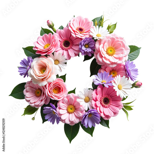 A vibrant wreath of pink, purple, and white flowers on a cut out background.