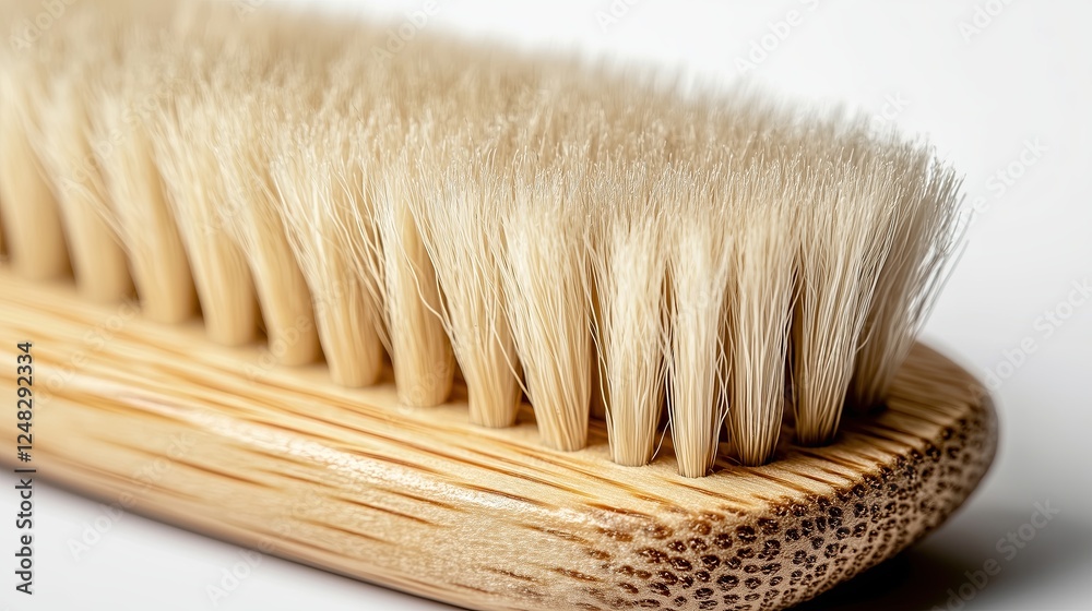 Highly detailed close-up of vegan-friendly plant fiber bristles on a wooden brush, with soft lighting on a white background Highly detailed close-up of vegan-friendly plant fiber bristles on a wooden brush, with soft lighting on a white background