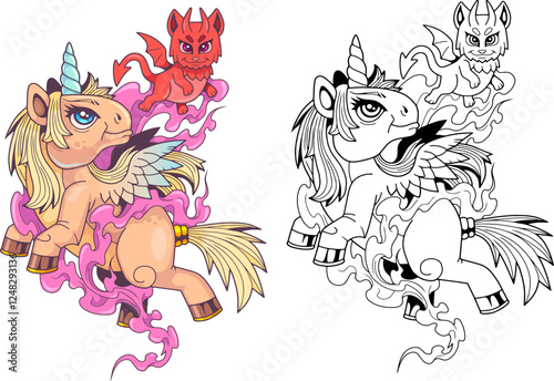 Mythological pony unicorn, coloring book for kids