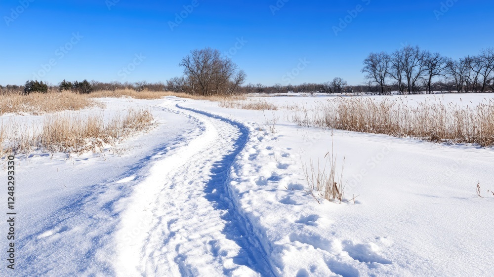Snowy path through serene winter landscape with clear blue sky Snowy path through serene winter landscape with clear blue sky