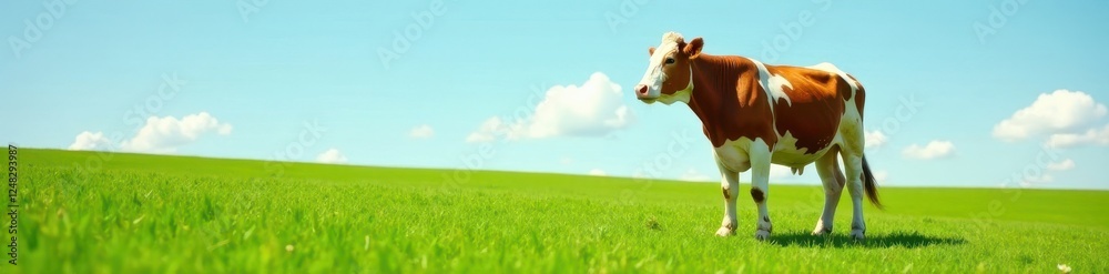 Curious cow gazing at vast green pasture under a blue sky, sky, grass, gaze Curious cow gazing at vast green pasture under a blue sky, sky, grass, gaze