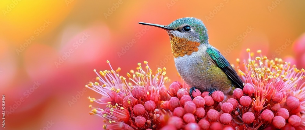 Fototapeta premium Hummingbird Feeding From Vibrant Red Flower with Blurred Motion