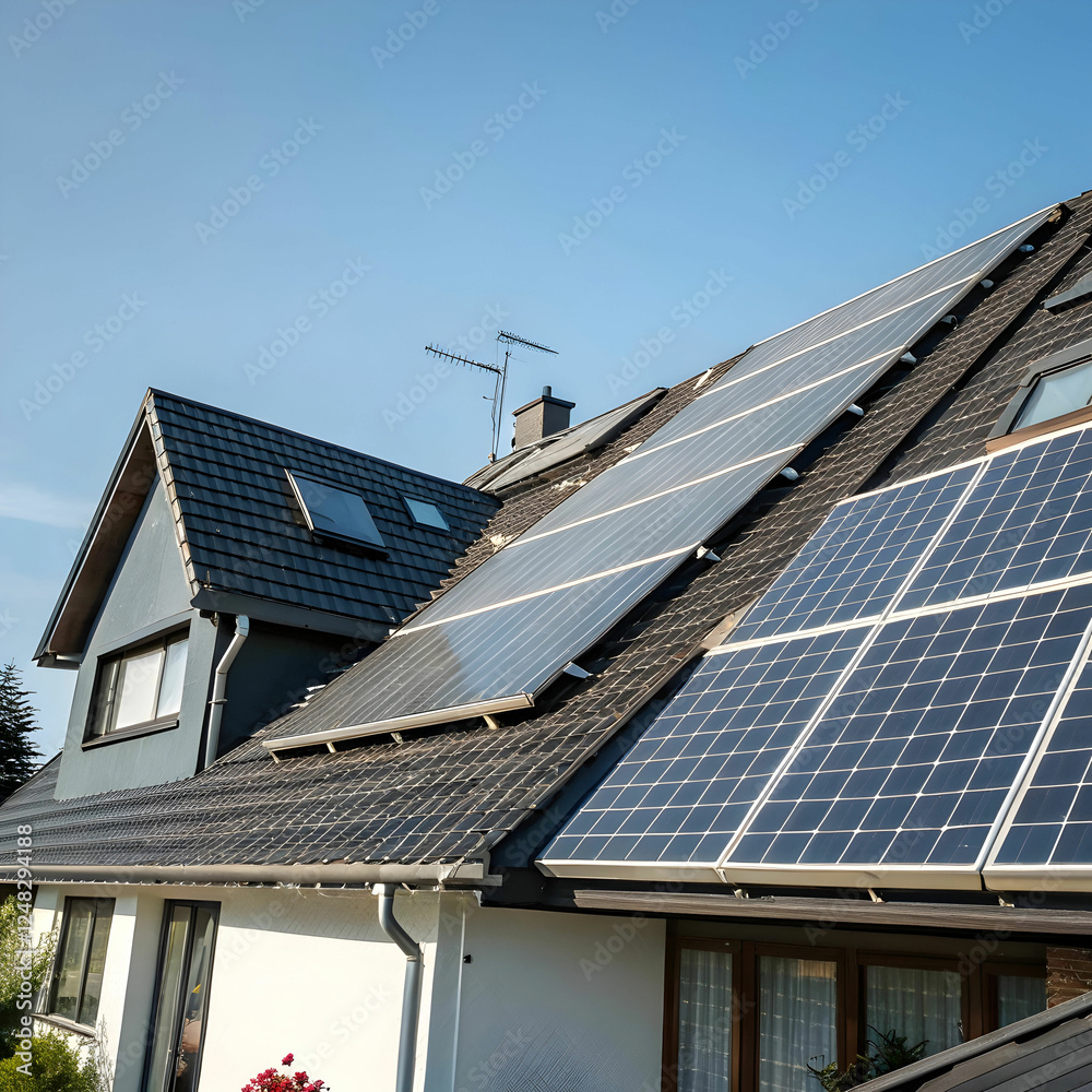 Fototapeta premium Solar Panels on Roof for Clean Energy