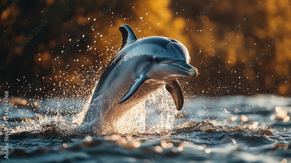 Obraz premium Playful Dolphin Leaping Out of Turquoise Ocean Waters Under Bright Sunny Sky