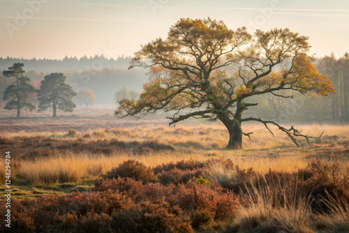 serene landscape featuring solitary tree in warm toned, dreamy setting