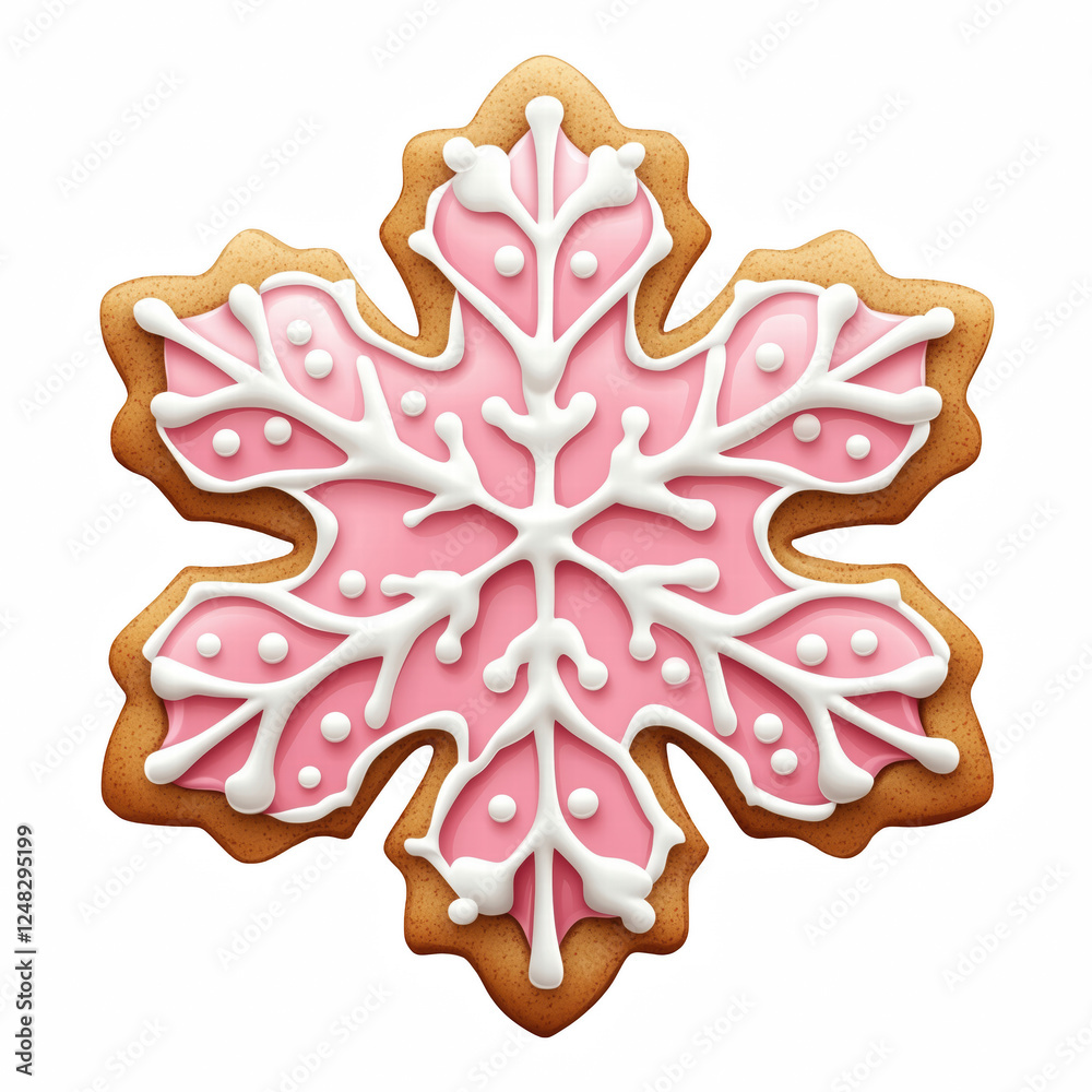 Pink Snowflake Gingerbread Cookie with White Icing, Festive Christmas Holiday Treat Isolated on Transparent Background. Generative Ai. Pink Snowflake Gingerbread Cookie with White Icing, Festive Christmas Holiday Treat Isolated on Transparent Background. Generative Ai.
